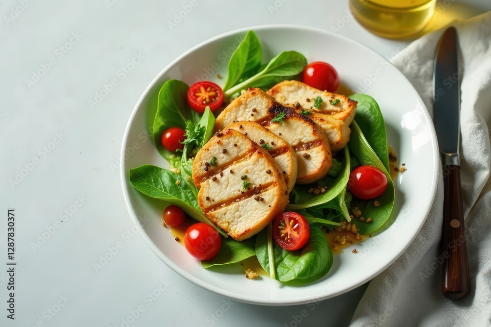 Grilled Protein with Leafy Greens and Cherry Tomatoes on a White Plate Grilled Protein with Leafy Greens and Cherry Tomatoes on a White Plate