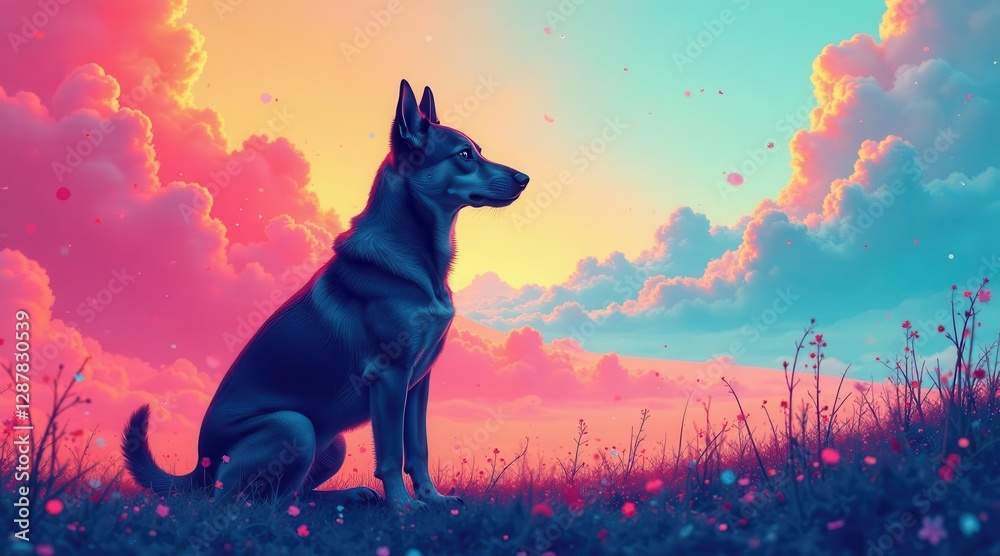 A serene canine companion sits amidst a vibrant, dreamlike landscape of colorful clouds and wildflowers, contemplating the breathtaking sunset A serene canine companion sits amidst a vibrant, dreamlike landscape of colorful clouds and wildflowers, contemplating the breathtaking sunset