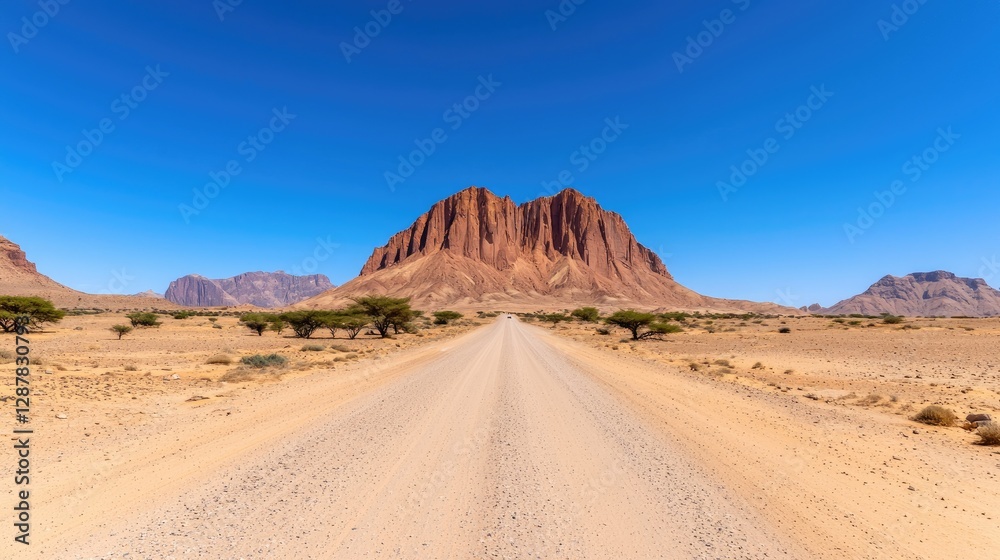 Desert road leading to a red rock formation under a clear blue sky Desert road leading to a red rock formation under a clear blue sky