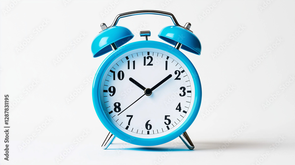 Blue alarm clock with two rings isolated on on white background. Time management and planning concept Blue alarm clock with two rings isolated on on white background. Time management and planning concept