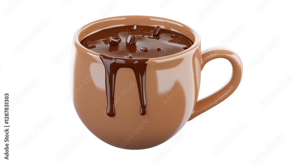 Rich chocolate drink in a smooth brown cup with drips creating an inviting appearance and a tempting texture to savor any time of the day