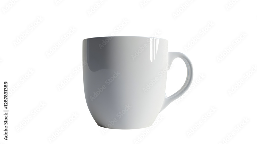 White ceramic coffee mug with a smooth finish sitting on a reflective surface in bright lighting