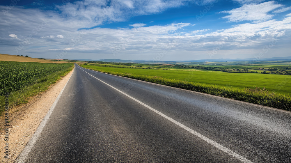 Wide road into distance, flanked by green fields and blue sky. High-definition, horizontal composition. Serene beauty. Wide road into distance, flanked by green fields and blue sky. High-definition, horizontal composition. Serene beauty.