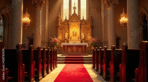Serene sanctuary, bathed in sunlight streaming through high windows, features rows of polished pews leading to a golden altar, creating a peaceful and spiritual atmosphere.