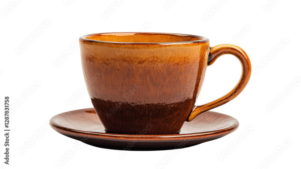 Ceramic coffee cup on brown saucer showcasing rustic design and shiny glaze in a minimalist setting