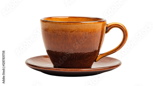Obraz na płótnie Ceramic coffee cup on brown saucer showcasing rustic design and shiny glaze in a minimalist setting w salonie