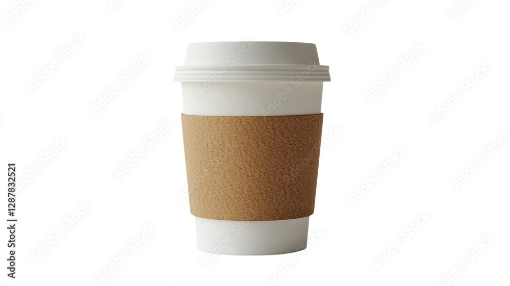 Hot beverage cup with a plain brown sleeve placed on a light background in a minimalistic style