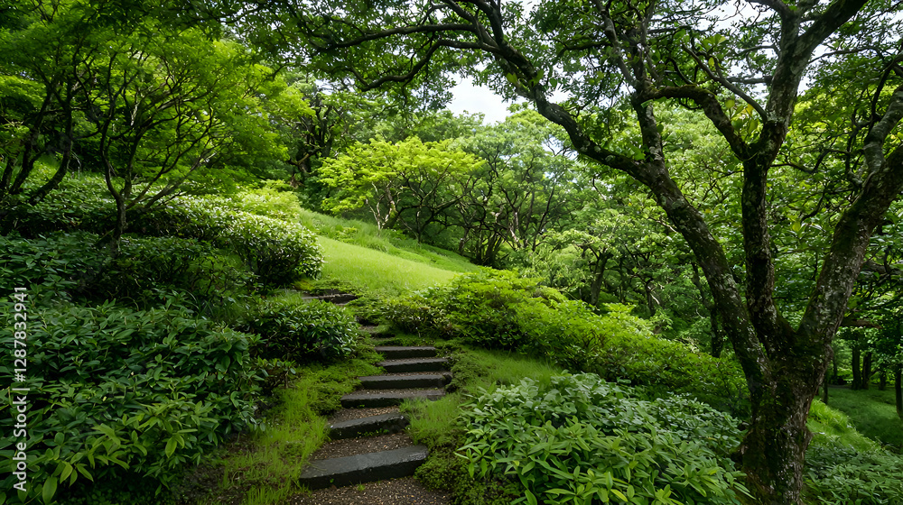 Stone Steps Winding Upward Through a Lush Green Garden Stone Steps Winding Upward Through a Lush Green Garden