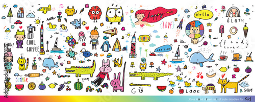 Collection of hand drawn cute doodles,Doodle children drawing,Sketch set of drawings in child style,Funny Doodle Hand Drawn,Page for coloring, cute animal hand drawn, cute Doodle