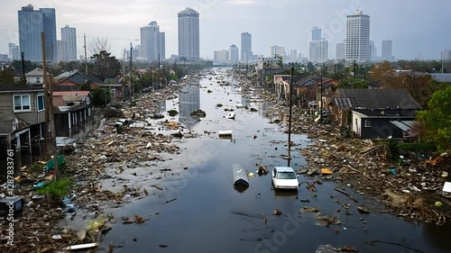 Aftermath of Hurricane devastation, Flooding and destruction in the city