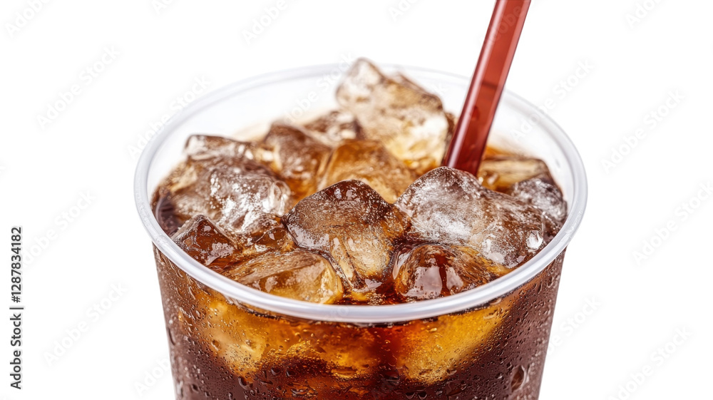 Refreshing cold beverage served in a clear cup filled with ice at a casual setting on a warm day