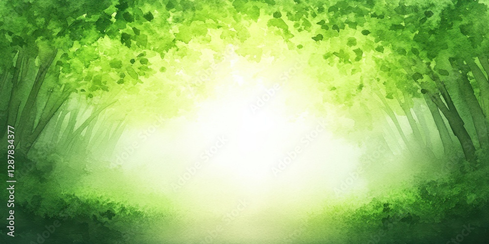 Fototapeta premium A serene forest scene bathed in soft green light, creating a tranquil atmosphere filled with lush foliage and a sense of calm.