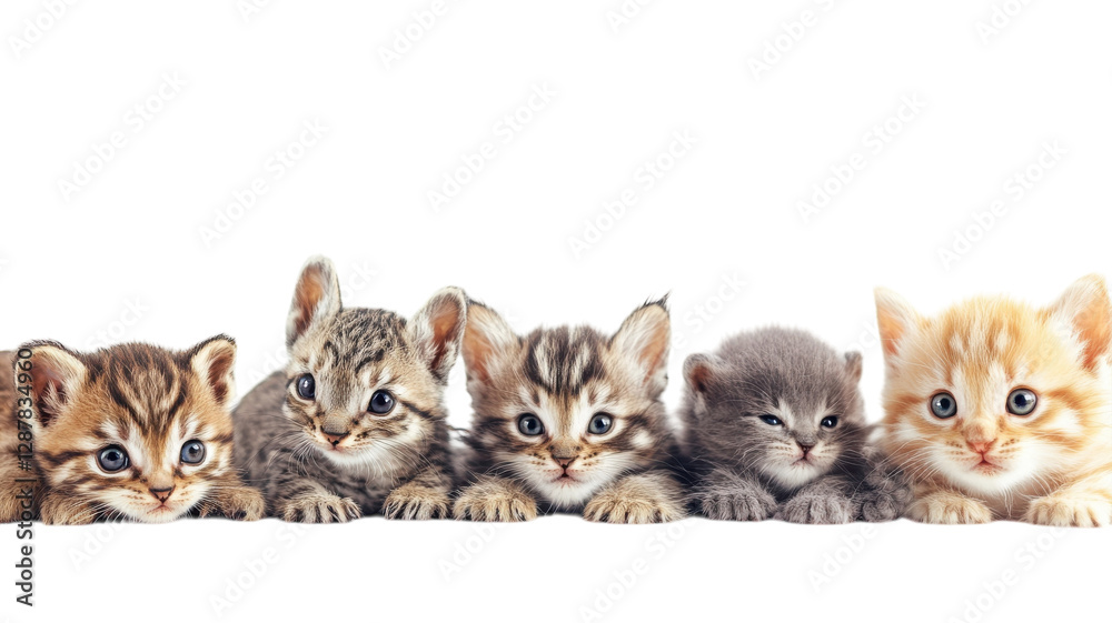Five playful kittens lying together in a row, showcasing their unique colors and expressions