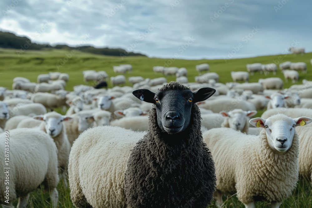 Fototapeta premium Black sheep among white sheep in a green field, representing individuality and uniqueness.