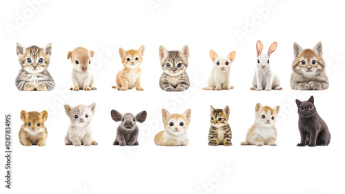 Obraz na płótnie Cute baby animals including kittens and bunnies posing playfully against a white background in an adorable arrangement w salonie