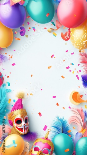 Carnival frame with masks, balloons, feathers, and confetti on a light background, festive celebration.