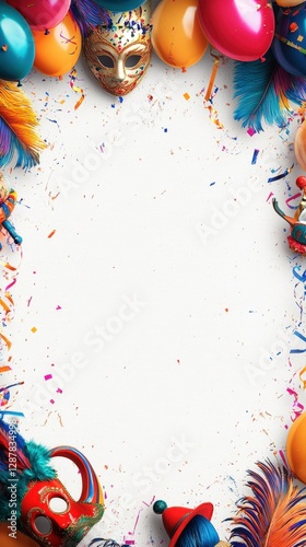 Carnival frame with masks, feathers, balloons, and confetti on white background, festive party decoration.