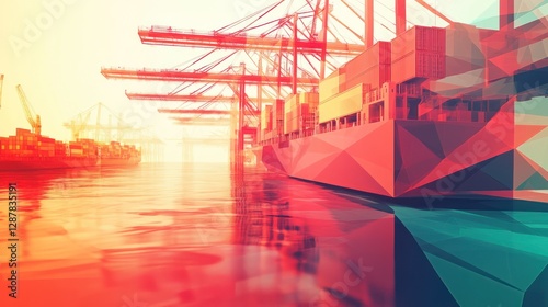 Sunset Port Cargo Ship Low Poly