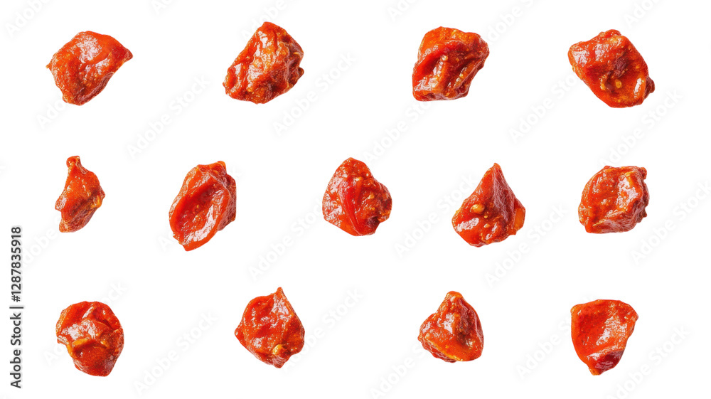 Dried red tomatoes arranged in a grid on a white background showcasing their vivid color and unique textures