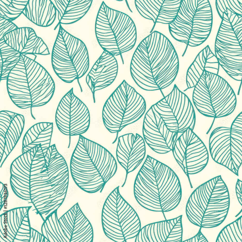 Fototapeta premium Leaf Pattern Turquoise foliage design overlaying light backdrop. Botanical seamless repeatable motif