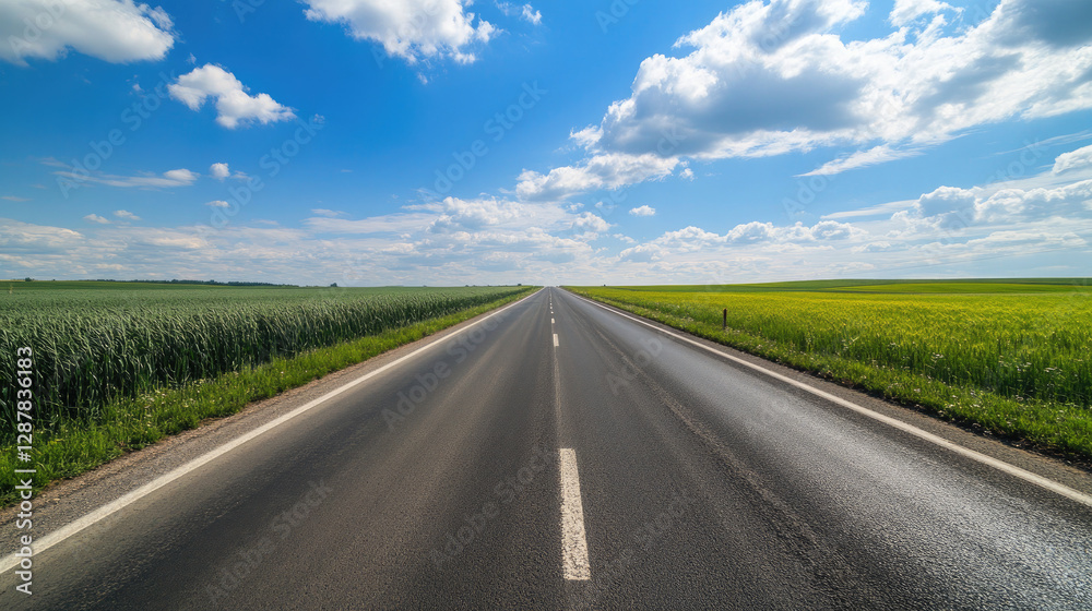 Wide road into distance, flanked by green fields and blue sky. High-definition, horizontal composition. Serene beauty. Wide road into distance, flanked by green fields and blue sky. High-definition, horizontal composition. Serene beauty.