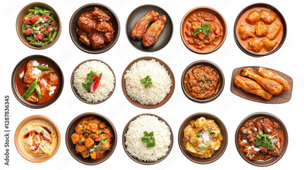 Delicious spread of assorted dishes including rice, meat, and vegetables served in bowls on a neutral background