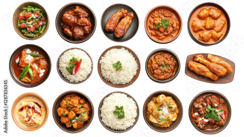 Obraz na płótnie Delicious spread of assorted dishes including rice, meat, and vegetables served in bowls on a neutral background w salonie