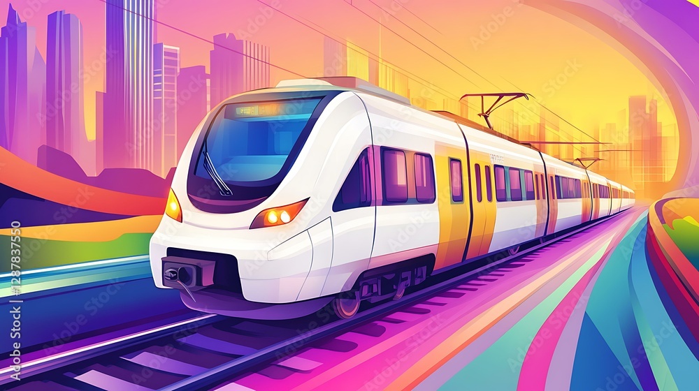 Naklejka premium Long white metro train in cartoon style, colorful accents, exaggerated shape