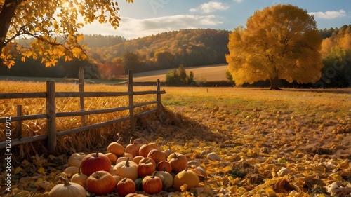 A peaceful autumn field blanketed with golden leaves, surrounded by bountiful harvest displays, capturing the essence of seasonal reflection and gratitude.

 photo