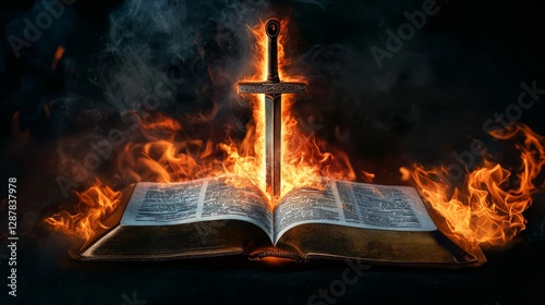 Flaming Sword Piercing Ancient Book of Holy Scripture Fire Religion