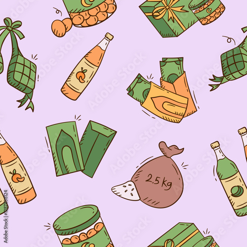 Eid al fitr doodle background. Seamless pattern of Ramadan and eid mubarak hand drawn illustration. Containing ketupat, money, envelope, gift, rice, package, food parcel and flavored syrup.