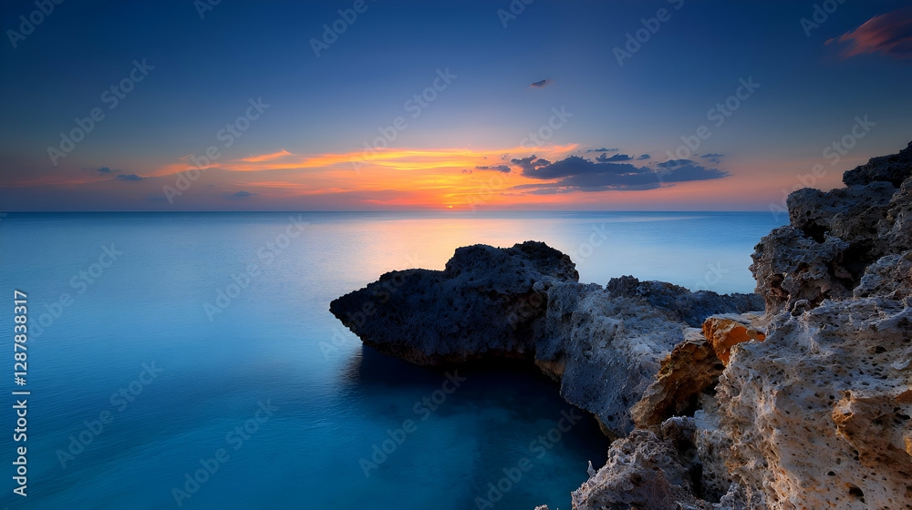Obraz premium Serene Ocean Sunset with Rocks