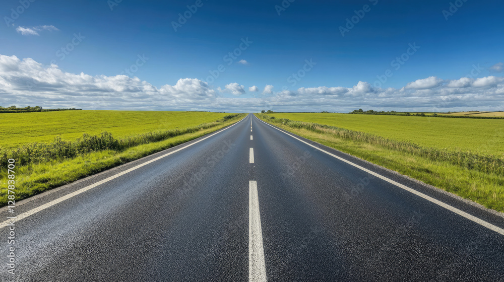 Wide road into distance, flanked by green fields and blue sky. High-definition, horizontal composition. Serene beauty. Wide road into distance, flanked by green fields and blue sky. High-definition, horizontal composition. Serene beauty.