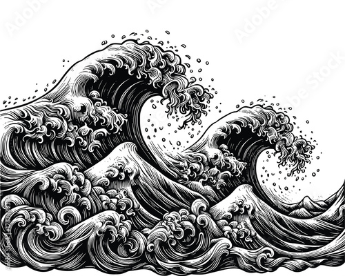 sea wave vintage illustration, hand drawn style, black and white vector illustration