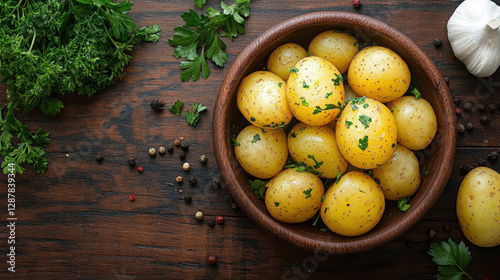Steamed potatoes topped with fresh coriander on a rustic wooden board alongside flavorful dips in a cozy kitchen setting