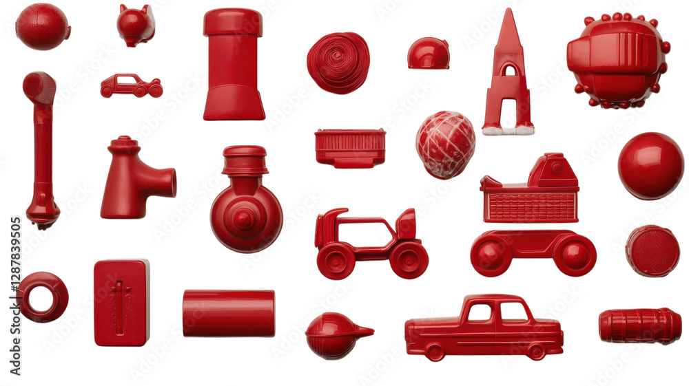 Collection of vibrant red plastic toys arranged artistically on a white background showcasing various shapes and designs