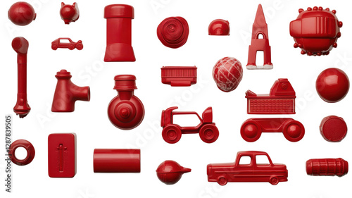 Obraz na płótnie Collection of vibrant red plastic toys arranged artistically on a white background showcasing various shapes and designs w salonie