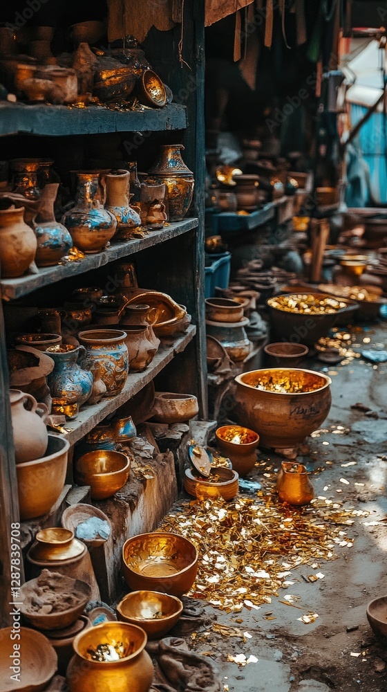 Fototapeta premium Earthenware, metallic bowls, gold leaf, pottery workshop.