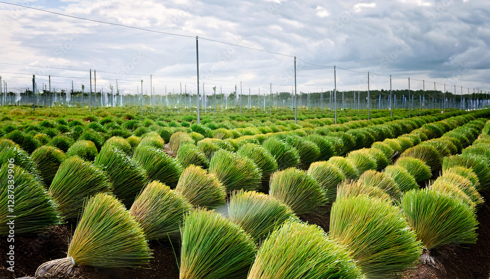 Tree Nursery & Growth – Rows of vibrant green saplings in a tree nursery, arranged in neat lines Tree Nursery & Growth – Rows of vibrant green saplings in a tree nursery, arranged in neat lines