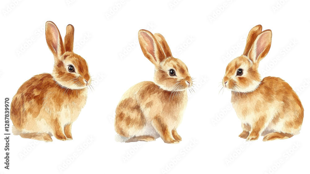 Cute rabbits depicted in three different poses showcasing fur patterns and expressions in a soft and playful style
