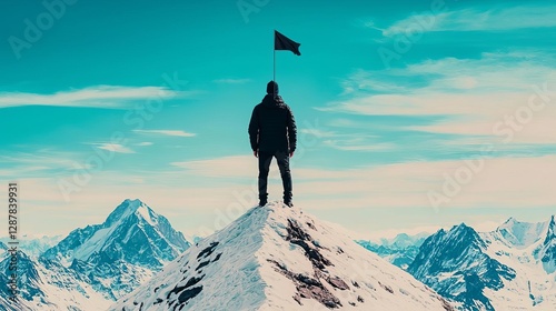A lone traveler stands atop a snowy mountain peak, proudly waving a flag against the sky.