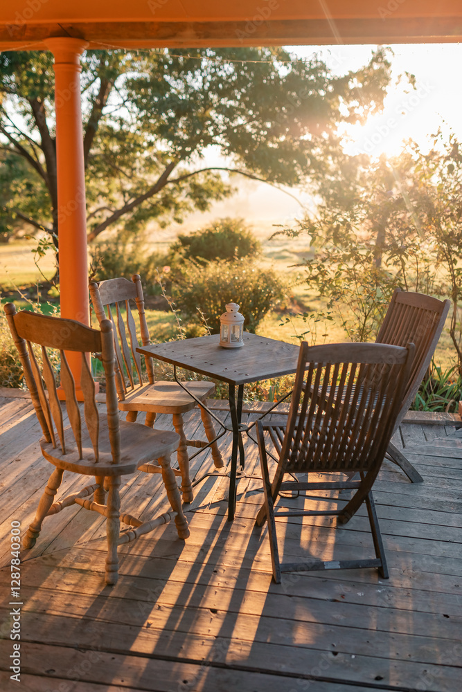 Rustic wooden outdoor table setting on country verandah bathed in golden morning light Rustic wooden outdoor table setting on country verandah bathed in golden morning light