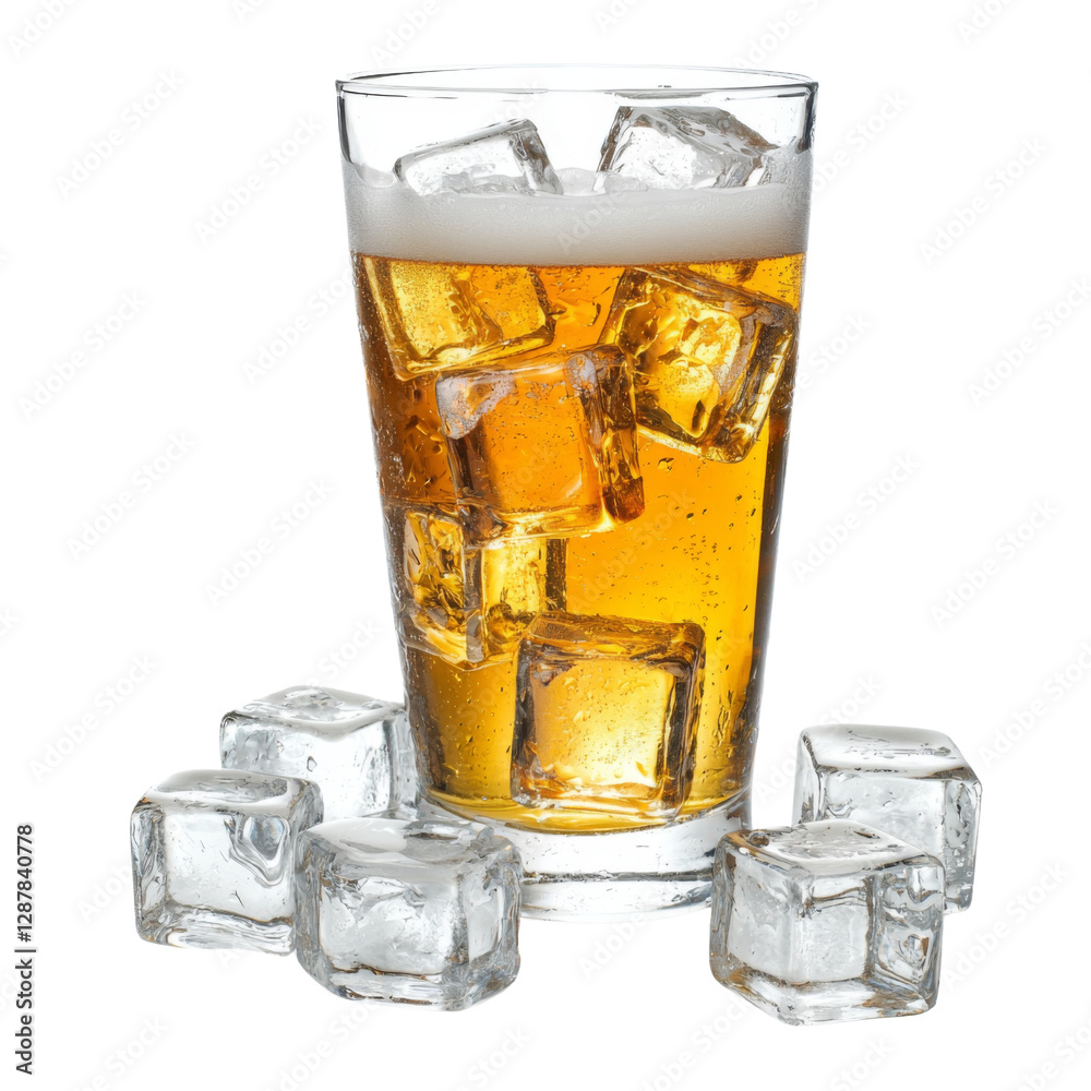 Refreshing glass of beer with ice cubes, perfect for hot day. Enjoy crisp taste and chilled experience Refreshing glass of beer with ice cubes, perfect for hot day. Enjoy crisp taste and chilled experience