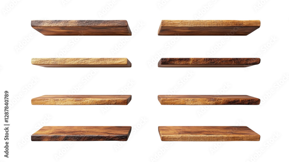 Wooden shelves arranged in two rows showcasing various designs and finishes for interior decoration and storage solutions