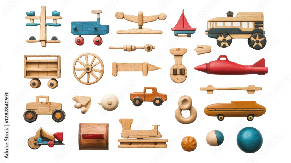 Colorful wooden toys arranged on a flat surface showcasing various transportation themes for children's playtime