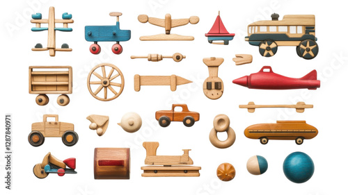 Obraz na płótnie Colorful wooden toys arranged on a flat surface showcasing various transportation themes for children's playtime w salonie
