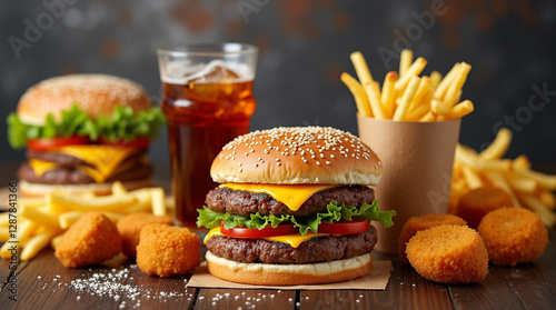 Fast food delivery menu background with various burgers, cheeseburger, nuggets, french fries, fizzy soda drinks. Junk unhealthy fast food