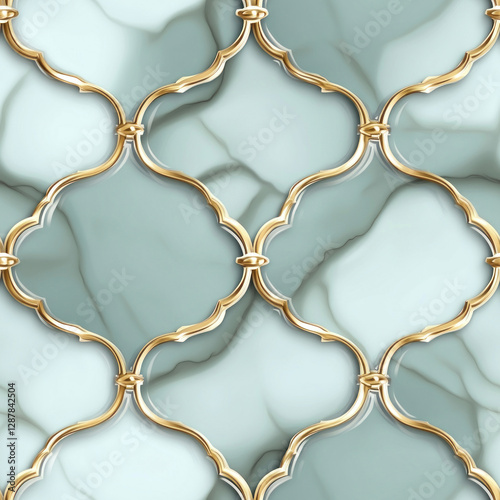 Marble tile pattern, gold trim overlay, abstract background