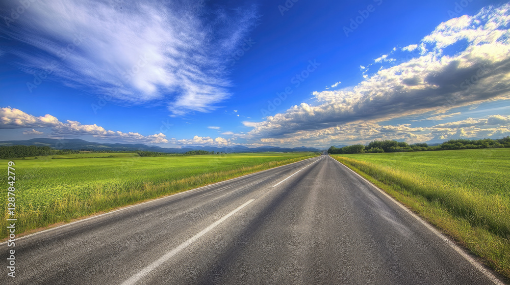 Fototapeta premium Wide road into distance, flanked by green fields and blue sky. High-definition, horizontal composition. Serene beauty.