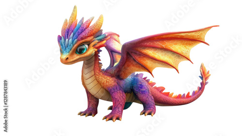 Colorful dragon character with vibrant scales and large wings poses against a white backdrop in an imaginative setting